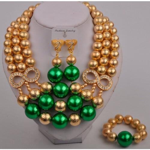 Green Glass Pearl Gold African Jewelry Set Nigerian Wedding Beads Costume Necklace Bride Set