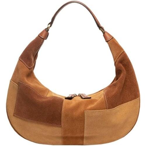 Fashion Brown Patchwork Nubuck Bag Shoulder Bag Female Handbag Half Moon