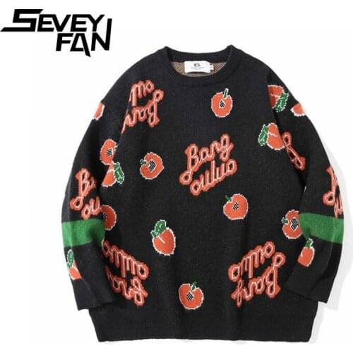 SEVEYFAN Mens Fashion Fruits Jacquard Sweaters Loose Cotton Kintwear Hip Hop Pullover Sweater for Couples
