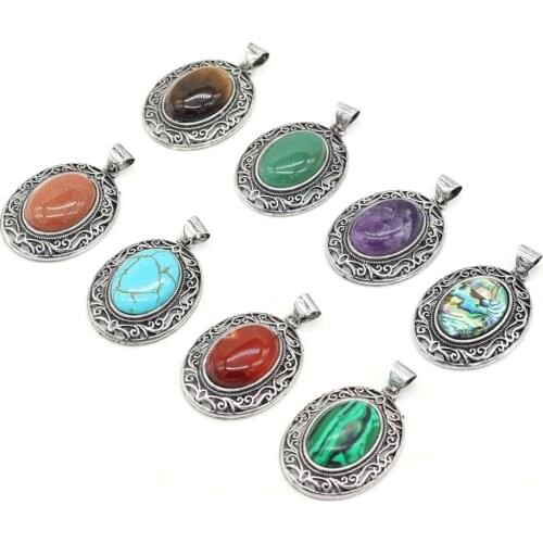 Natural Stone Pendant Lapis Lazulis Amethysts Egg Shape Pendant Charms for Making Jewelry Necklace Exquisite Gift 33x45mm