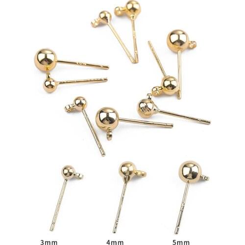 3/4/5mm 10pcs/lot 18k Gold Plated Round Ball Stud Earrings Post With Loop Earring Base Connectors Linker For DIY Jewelry Making