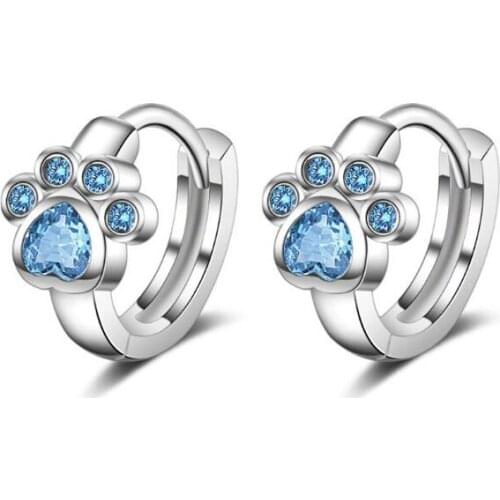 Simple Cute Silver Plated Animal Cat Paw Mark Blue Mosaic Zircon Crystal Earrings for Women Promise Wedding Band Jewelry