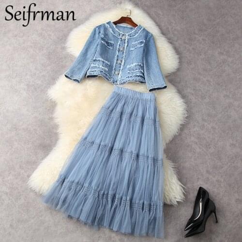 Seifrmann New 2021 Summer Women Fashion Runway Skirt Set Long Sleeve Cowboy Coat + High Waist Mesh Midi Skirts 2 Two Pieces Suit