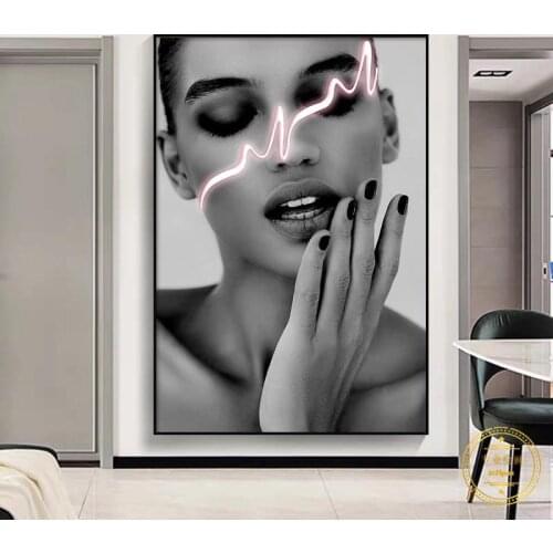 Modern Black White Neon Sexy Girl Print Poster Minimalist Canvas Painting Beauty Female Wall Art Creative Picture for Home Decor