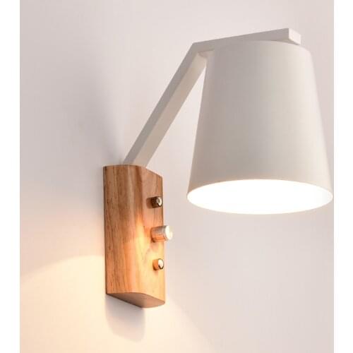 Modern Wooden LED E27 Wood Wall Lamp with White / Black Metal Shade Wall Sconce Wall Light Lamparas for Bedroom Bedside Aisle