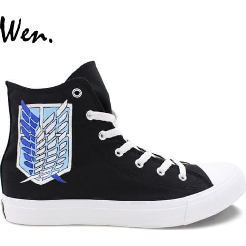 Wen Athletic Shoes Design Hand Painted Anime Attack On Titan Military Police High Top Unisex Canvas Sneakers Black Gym Shoes