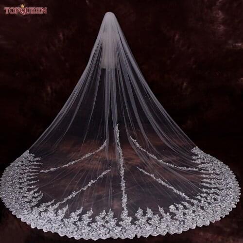 TOPQUEEN V108 Luxury Long Wedding Veil Embroidered Cathedral Veil with Lace Applique Motifs Edged in Romantic Eyelash Lace