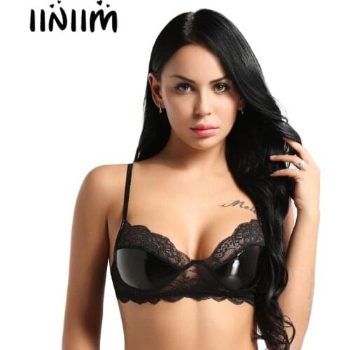 Womens Sexy Clubwear Black Soft Adjustable Spaghetti Straps Lingerie Exotic Nightwear Lace Faux Leather Wire-free Unlined Bra