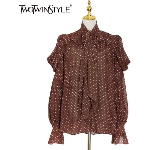 TWOTWINSTYLE Dot Print Lace Up Bowknot Shirts For Women V Neck Lantern Long Sleeve Loose Casual Blouses Female 2021 Spring Style