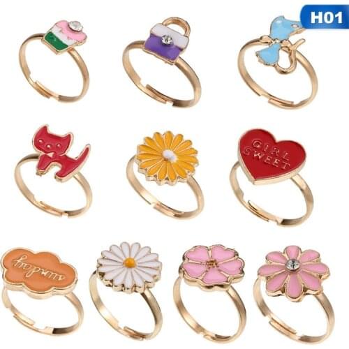 10Pcs/Set Cute Childrens Day Jewelry Plastic Kids Rings Girls With Mixed Korean Style Resin Alloy Without Box Randomly