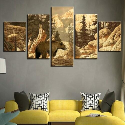 White Bear in Dried Forest 5 Panel Canvas Picture Print Wall Art Canvas Painting Wall Decor for Living Room Poster No Framed