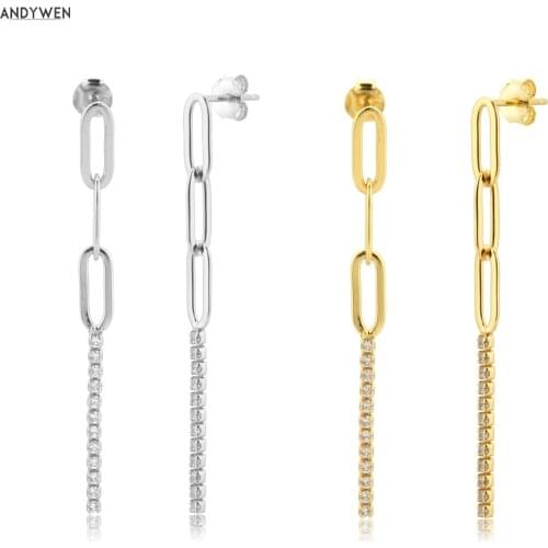 ANDYWEN 925 Sterling Silver Clear Zircon CZ Square Locker Chain Drop Earring Splice Crystal Pave Luxury Rock Punk Jewelry