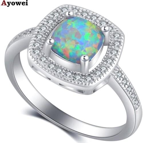 Ayowei brand Square style dark Green fire Opal silver color Stamped Crystal Rings fashion jewelry USA size #6 #7 #8 #9#10 OR900A