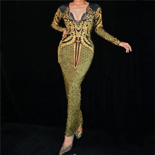 K29 Black gold print Rhinestone Siamese Hip Skirt Singer performance tight dresses ballroom bodysuit dance costumes dj wears bar