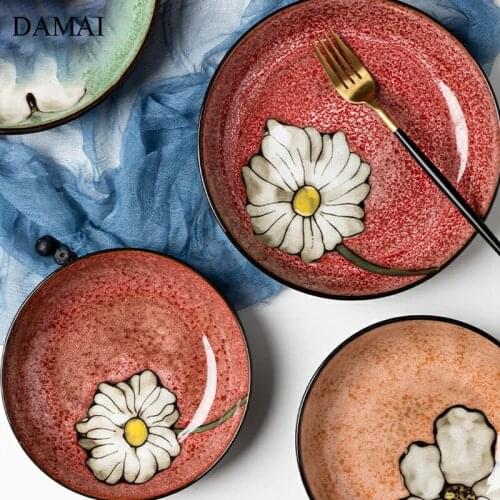 Flowers Painted Plates and Bowls Retro Ceramic Pasta Dinner Plate Main Course Restaurant Serving Tray Dining Table Decor Dishes
