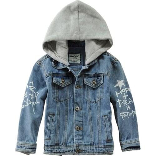Boys Denim Jackets 2021 Spring Kids Hooded Printing Coat Cotton For Teen Boy 110-160CM Children Outwear LM007