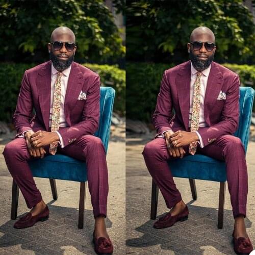 Tailored Red Check Plaid Business Tuxedos Mens Pant Suit Prom Party Wedding Suits Outfit (Jacket+Pants)