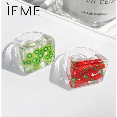 IF ME Big Summer Party Handmade Transparent Fruit Rings for Women girl Geometric Square Straberry Trendy Finger Ring Jewelry New