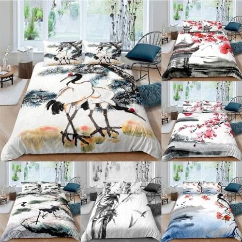 2/3PCS Bedding Set 3D Digital Bedclothes King Size Plum Blossom crane Ink Painting Printed Duvet Cover Set Queen Home Textiles