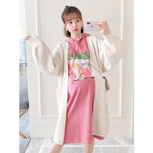 Pregnant WOMENS Fashion Set 2019 Fall And Winter Clothes New Style Long Hoodie Dress Loose-Fit Sweater Cardigan Jacket Autumn