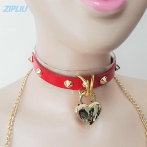 Fashion Harajuku Handmade Rock Punk Goth heart padlock Studded Rivets Leather Choker Belt Sexy Necklace collar belt Club Party
