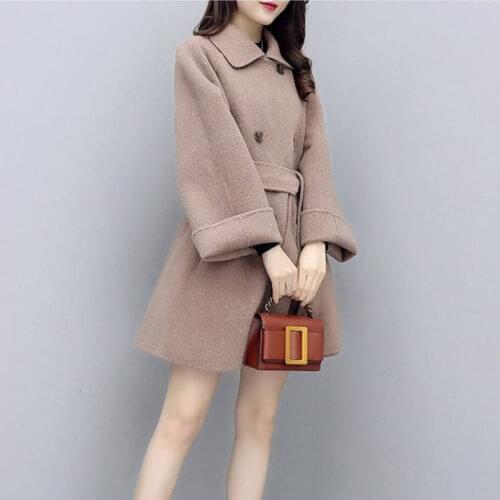 Winter Cashmere Womens Coat Turn-Down Collar Long Sleeve Cardigan Button Sashes Solid Two Piece Fashion Office Lady Coat