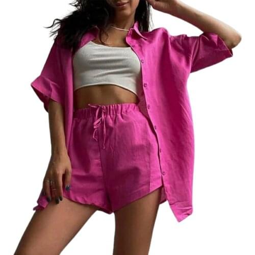 Casual Women Sets Street Fresh Suit Fashion Solid Two-Piece Sport Sets Lady Elegant Lapel Top Loose Shorts Suits Streetwear 2021