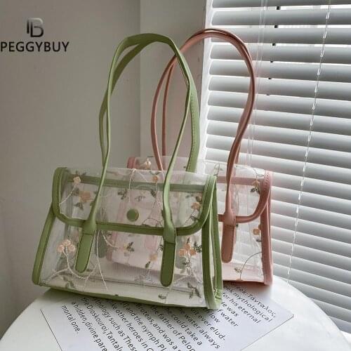Creative Design Transparent PVC Handbag Classic Texture Chic Lace Floral Print Clutch Totes Shoulder Bag Women Girls Handbag