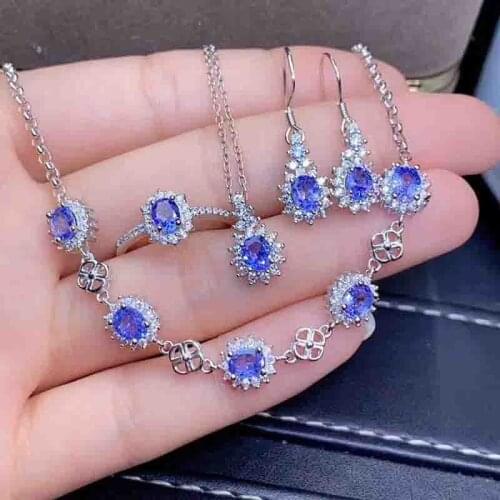 Natural Tanzanite Jewelry Sets for Women Party Necklace Earrings Bracelet and Ring Fine Jewelry Oval Cuted Gemstones Flower S56