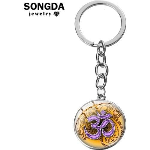 SONGDA Classical Painted Yoga Om Symbol Keychain Art Picture Glass Round Charm Key Chain Zen Buddhism Keyring Religious Ornament