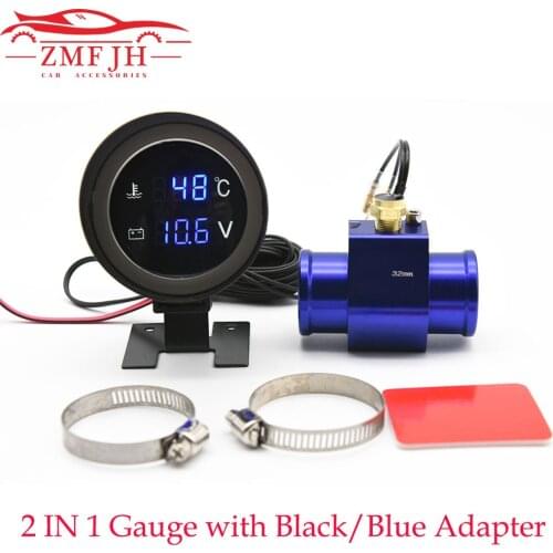 2 in 1 Universal Car Water Temp Gauge Round LCD Digital Voltmeter Temperature Gauge Meter 10mm Water Temp Sensor Adapter 1/8NPT
