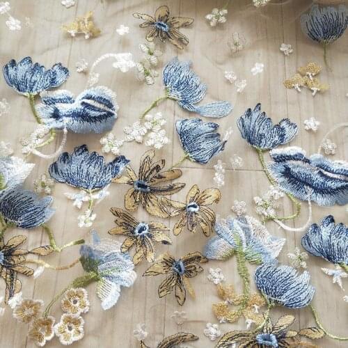 Gorgeours Blue Flower Lace Fabric Floral Embroidered Tulle Fabric Dress Bridal Veil Floral Lace Fabric, by the yard