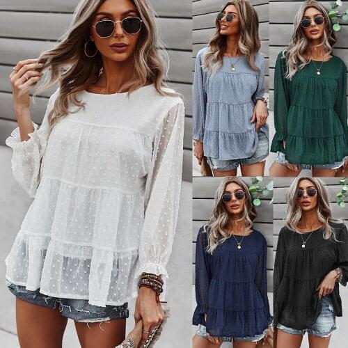 Autumn Women T-Shirts Ruffles Full Sleeve Round Neck Patchwork Loose Casual Style Female Blouse Elegant Fashion Tops Tees C3006