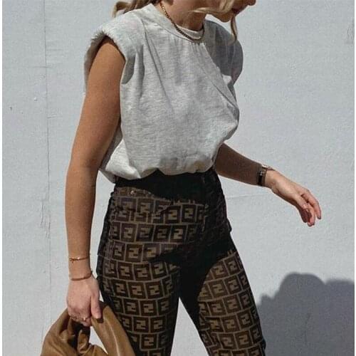 Women Padded Shoulder T-shirts Office Lady Pullover Women Elegant Clothes 2021 Summer Sleeveless Solid Round Neck Top