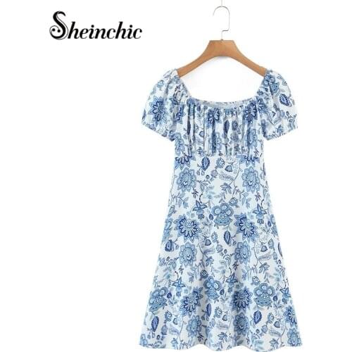 Retro Floral Print Short Sleeve Summer Womens Casua Dress 2021 Elegant Female A-line Mini Dress Ins Fashion