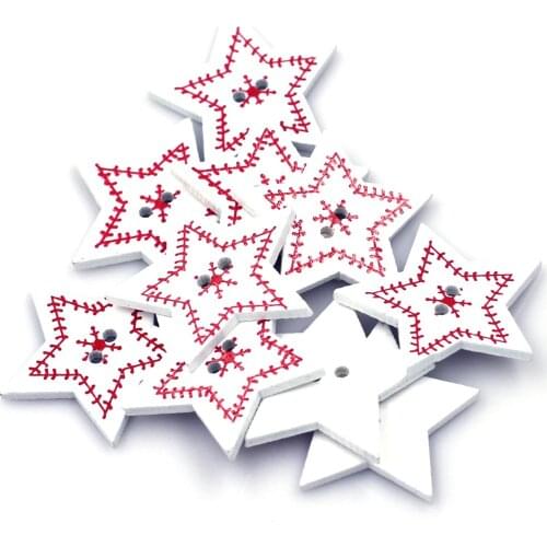 20Pcs White Red Christmas Pentagram Star Pentacle 2 Holes Wooden Sewing Buttons for Craft Scrapbook Clothing Needlework 33x30mm