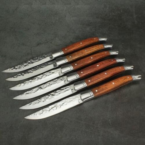 22.5cm 8.25inch Laguiole Steak Knife Rose Wood Handle Table knives Hammer blade Dinner Knifes Japan Tableware set 4/6/8/10pcs