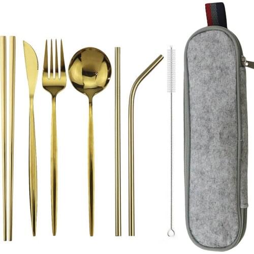 8pcs Portable Gold Travel Dinnerware Set With Chopsticks Straws Fork Knife Spoon Cutlery Set 304 Stainless Steel Silverware Set