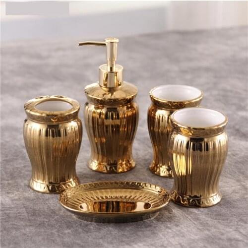Bathroom Accessories Golden Ceramic Bathroom Set Dispenser Bottle Toothbrush Holder Storage Box set of 5