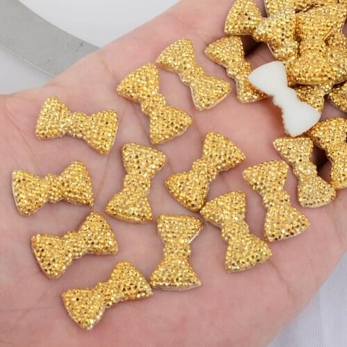 BOLIAO 20Pcs 12*20 mm (0.47*0.79 in) Gold Bow Shape Resin FlatBack Shiny Delicate Home Holiday Decoration Craft DIY No Hole