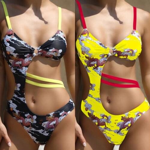 One Piece Vintage Dragon Pattern Swimsuit Female Cut Out Swimwear Women 2021 Irregular Monokini Bandage Bodysuit Bathing Suit