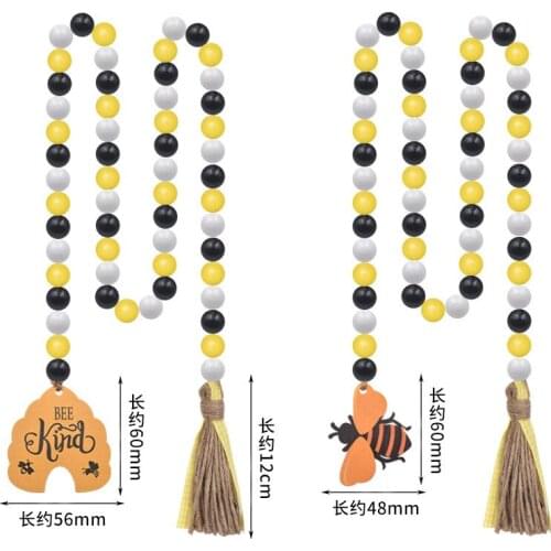 57PCS 16MM Bee Wood Bead Garland with Tassels Wood Bead Spring Summer Wooden Bead Garland Rustic Farmhouse Home Decorations