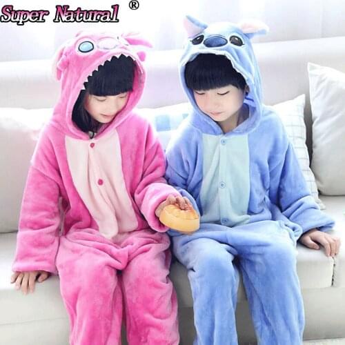HKSNG Kids Winter Cartoon Warm Flannel Blue Pink Pajamas Onesies Cosplay Costume Animal Pyjamas Homewear Hooded