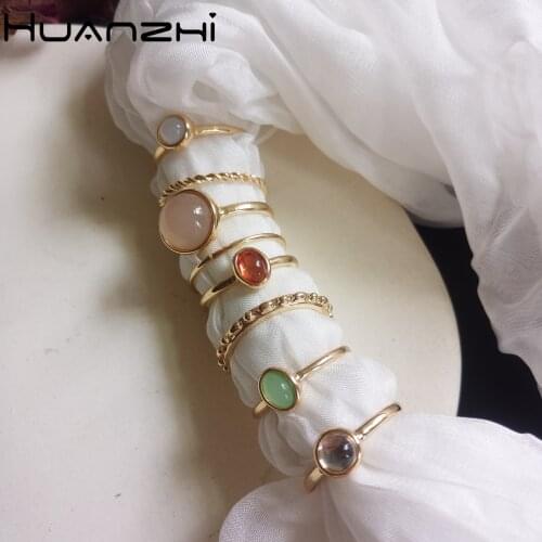 HUANZHI Vintage Summer Sliver Colour Fairy Friend Colorful Stone Metal Finger Rings Korea Hit Rings for Women Girl Wedding Party