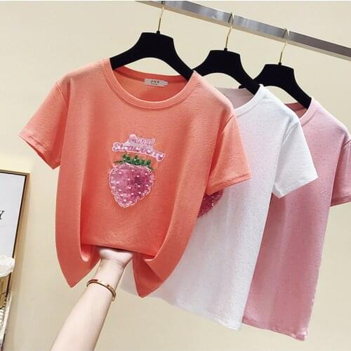 GGRIGHT Summer T shirt Women Beading Letter Pink Tee Shirt Femme Vintage T-shirt Female Short Sleeve Cotton White Tshirt Tops