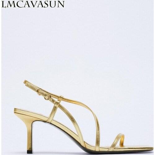 LMCAVASUN Summer new style Womens shoes Golden plated Metal layer High heels Leather sandals