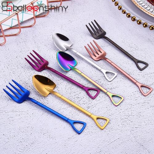 BalleenShiny Stainless Steel Shovel Creative Tableware Colorful Overgild Coffee Stir Fruit Dessert Cake Cutlery Set Supply