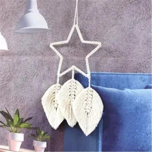 Tassel Star Dream Catcher with Long Macrame Leaf Handmade Bohemian Home Decor Decoration Art Gift for Girls Kids Room Decor