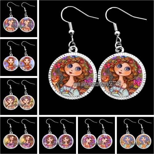 Adorable Face of Cartoon Girl Dangle Earrings 15mm Glass Cabochon Happy Anime Girl Glass Cabochon Drop Earrings