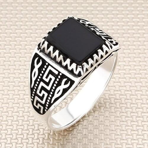 Square Black Onyx Stone Men Silver Ring With Symmetrical Motif Made in Turkey Solid 925 Sterling Silver